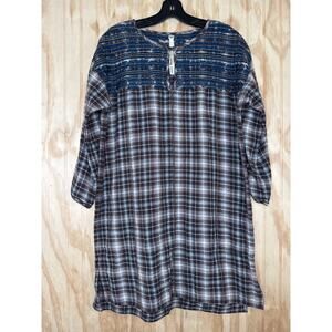 Uncle Frank Brown Plaid Flannel Boho Embroidered Tunic Mini Dress Pockets S
